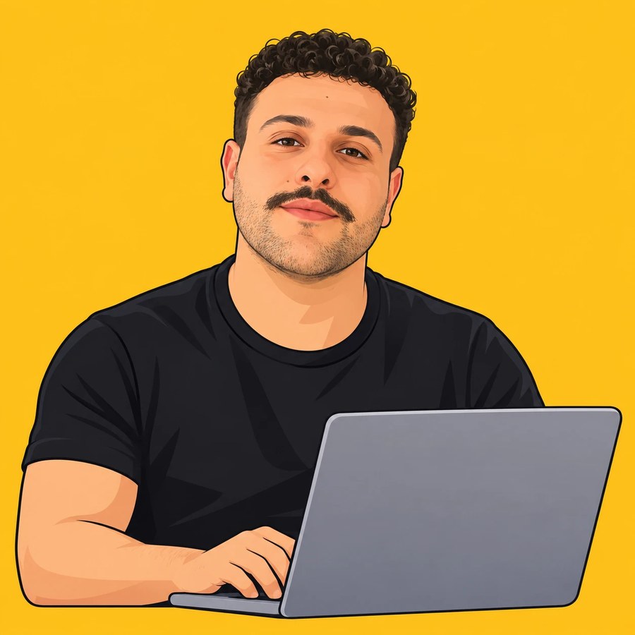 Illustrated portrait of Amir Dridi working on a laptop